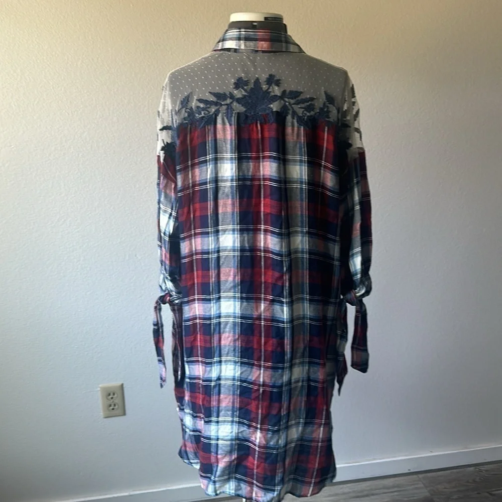 NWT DEX dress plaid lace sheer red blue medium oversized boyfriend style